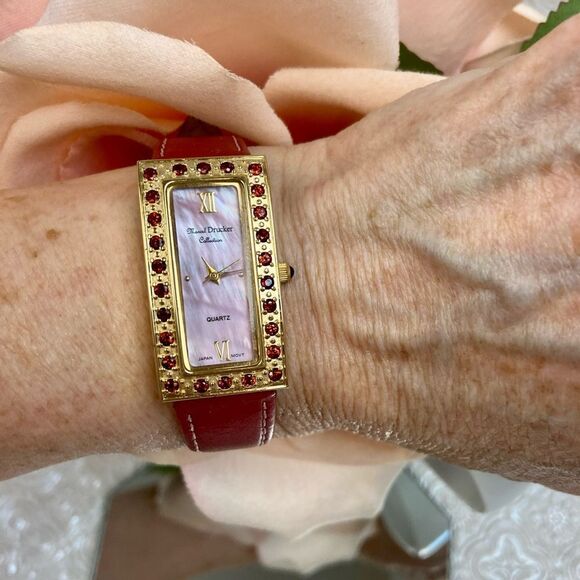 Marcel Drucker Red Gemstone Bezel Tank Style Watch with Pink MOP Dial - Picture 8 of 16